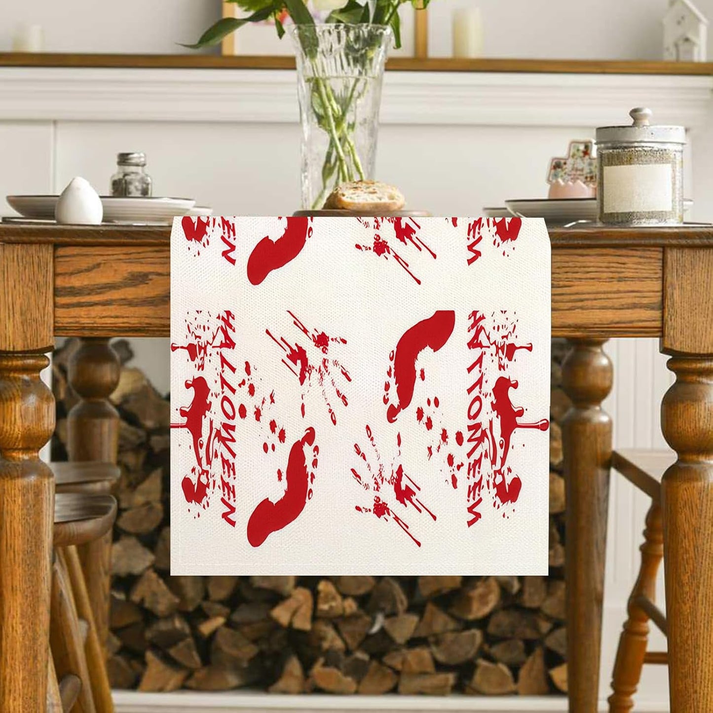 Halloween Table Runner 13 x 72 Inch, Scary Red Blood Footprints Linen Table Runner, Kitchen Dining Table Decorations, Halloween Table Decorations, Long Table Runner for Home Room Party Decor
