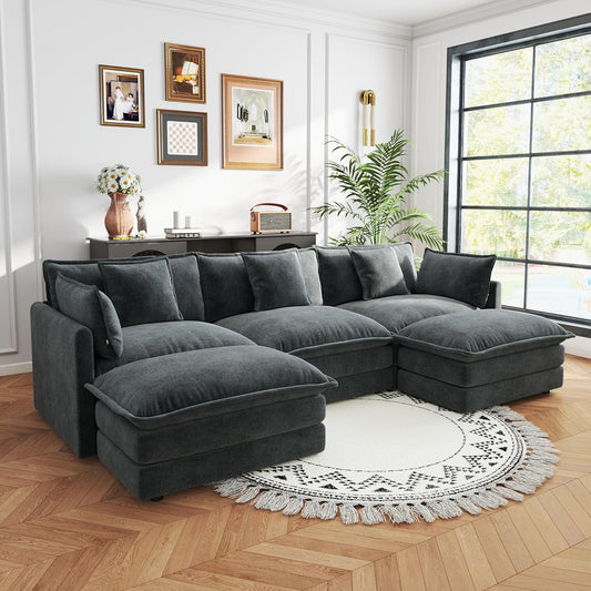 Sectional Sofa 3 Seater with Movable 2 Ottomans,Oversized Modular Couch Deep Seat (Grey, 111.5 inch-U)
