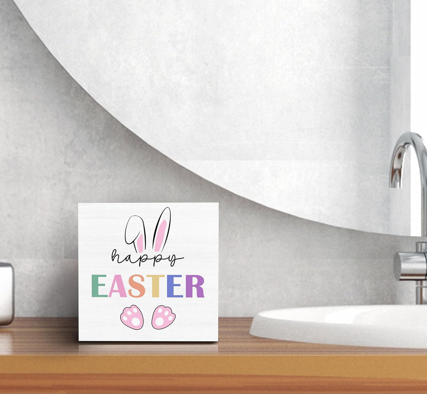 SRADMO Happy Easter Sign, Cute Bunny's Ear Easter Wood Box Sign Desk Decor, Easter Bunny Decorations, Easter Theme Wooden Block Box Sign Decoration for Home Office Shelf Table Decor