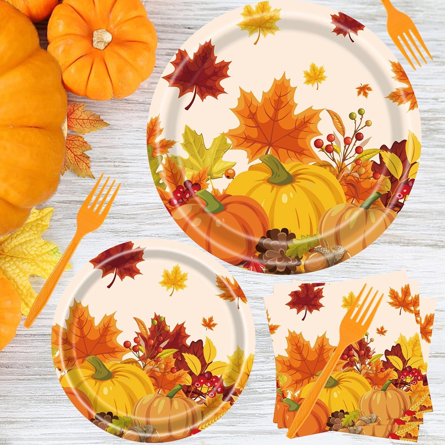 Fall Party Supplies - 96 Pcs Thanksgiving Paper Plates and Napkins, Forks, Pumpkin Autumn Disposable Tableware Set for Harvest Party Decorations