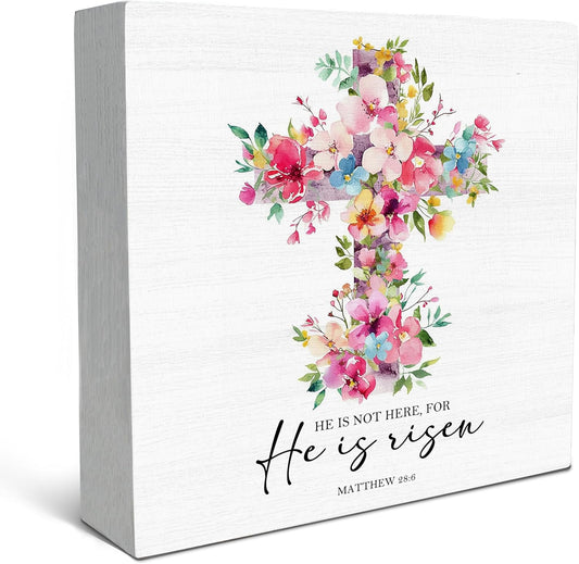 SRADMO He Is Risen Sign, Floral Cross Easter Christian Wood Box Sign Desk Decor, Christian Easter Decorations, Easter Theme Wooden Block Box Decoration for Home Office Shelf Table Decor