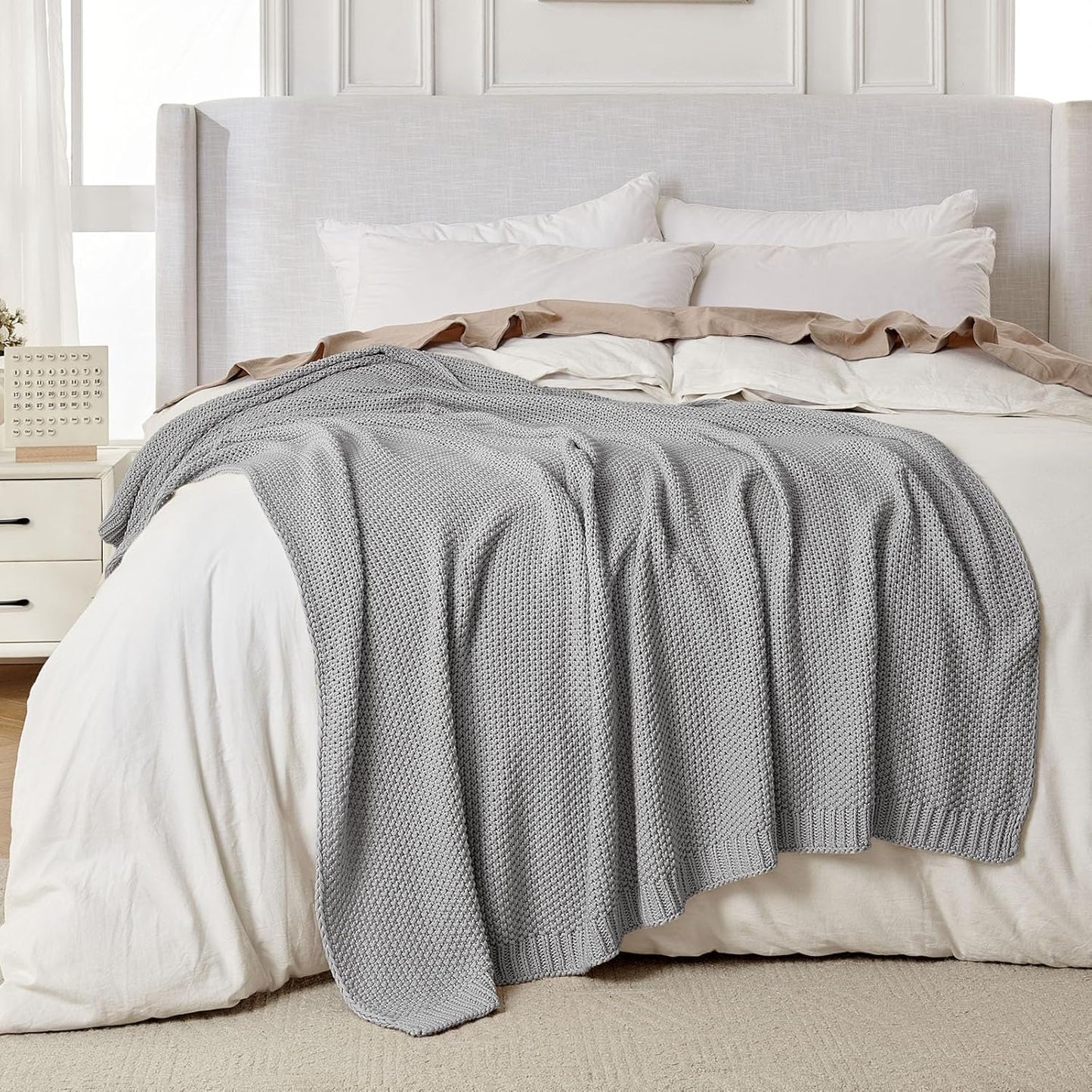 Joydeco Chunky Cable Knit Throw Blanket, Lightweight 100% Cotton Soft Cozy Throw Twin Blanket for Couch Bed and Sofa, Rustic Breathable Farmhouse Blanket Gift for Women Men(Grey, 60"x80")