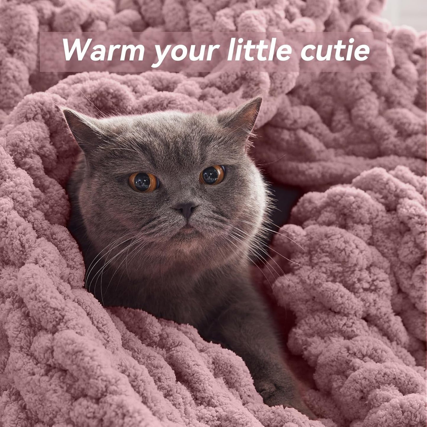 Chunky Knit Throw Blanket, 30''*40'' Knitted Throw Chenille Yarn for Bed Couch, Handmade Muted Pink Crochet Big Thick Blanket, Machine Washable Cute Comfy Blanket for Home Decor