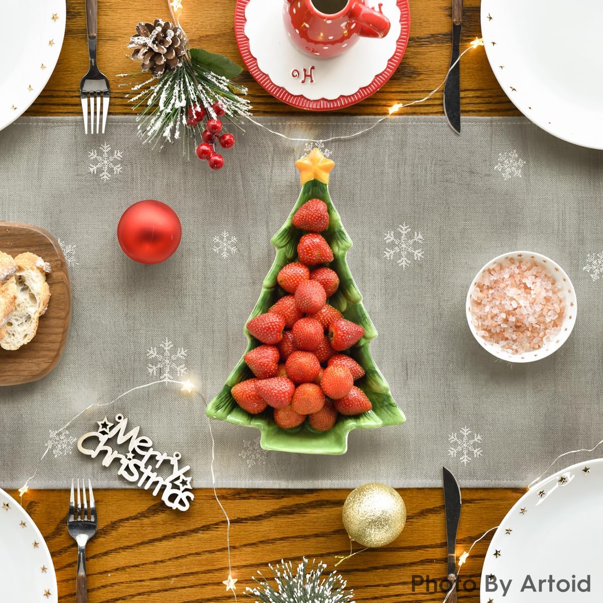 Artoid Mode Xmas Trees Snowflakes Gray Merry Christmas Table Runner, Winter Seasonal Kitchen Dining Table Decoration for Home Party Decor 13x72 Inch