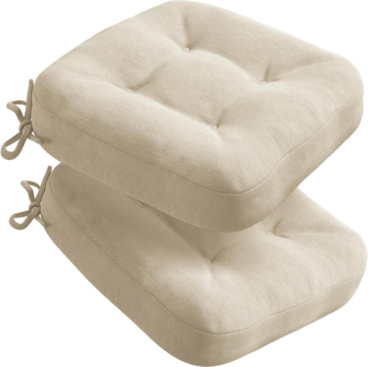 Codi Dining Chair Cushions 2 Pack, Thick Chairs Pads for Indoor Kitchen Room - Washable, Non-Slip Memory Foam Seat Cushion with Ties, 16.5"x16.5"x 3.5", Set of 2, Beige