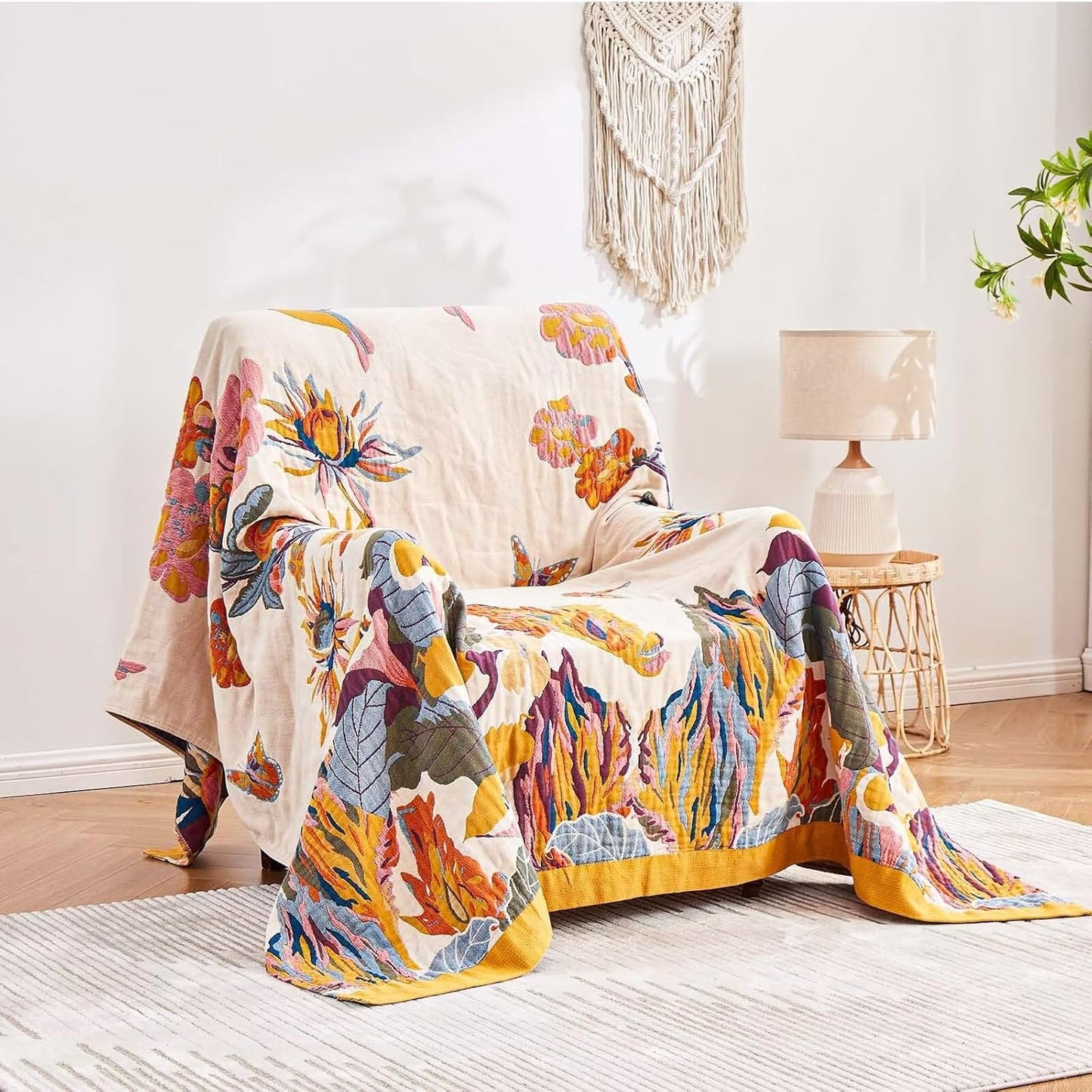 Boho Throw Blanket, 100% Cotton Ultra Soft Luxury Throw Rustic Quilt, 60"x80" Floral Bird Butterfly Farmhouse Decor Bed Blankets, All Season Rustic Reversible Bohemian Throw for Bed - Yellow