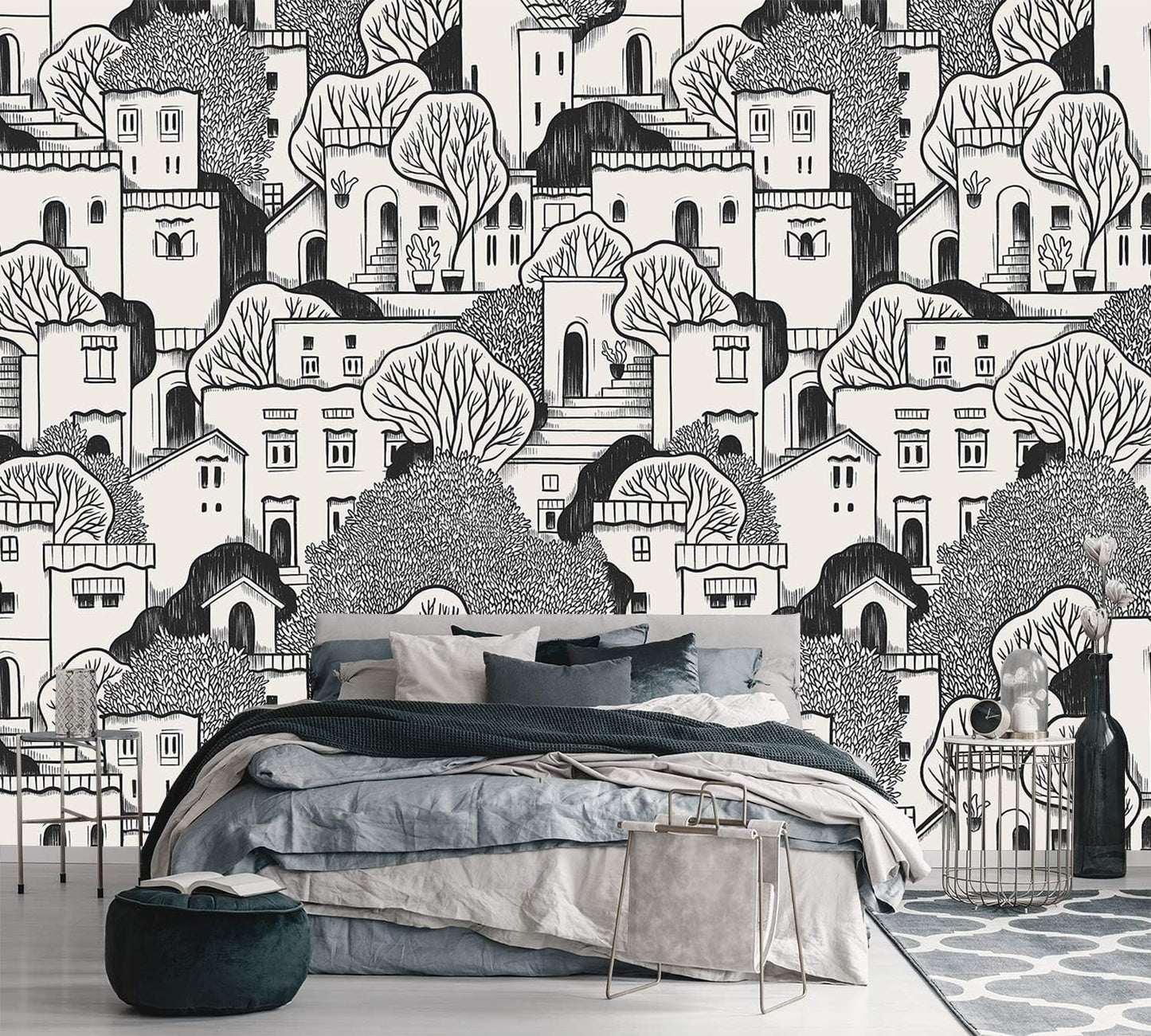AFZEVEB-Black House with Trees Nursery Wallpaper murals for Bedroom 159"x107" (Not Peel and Stick)