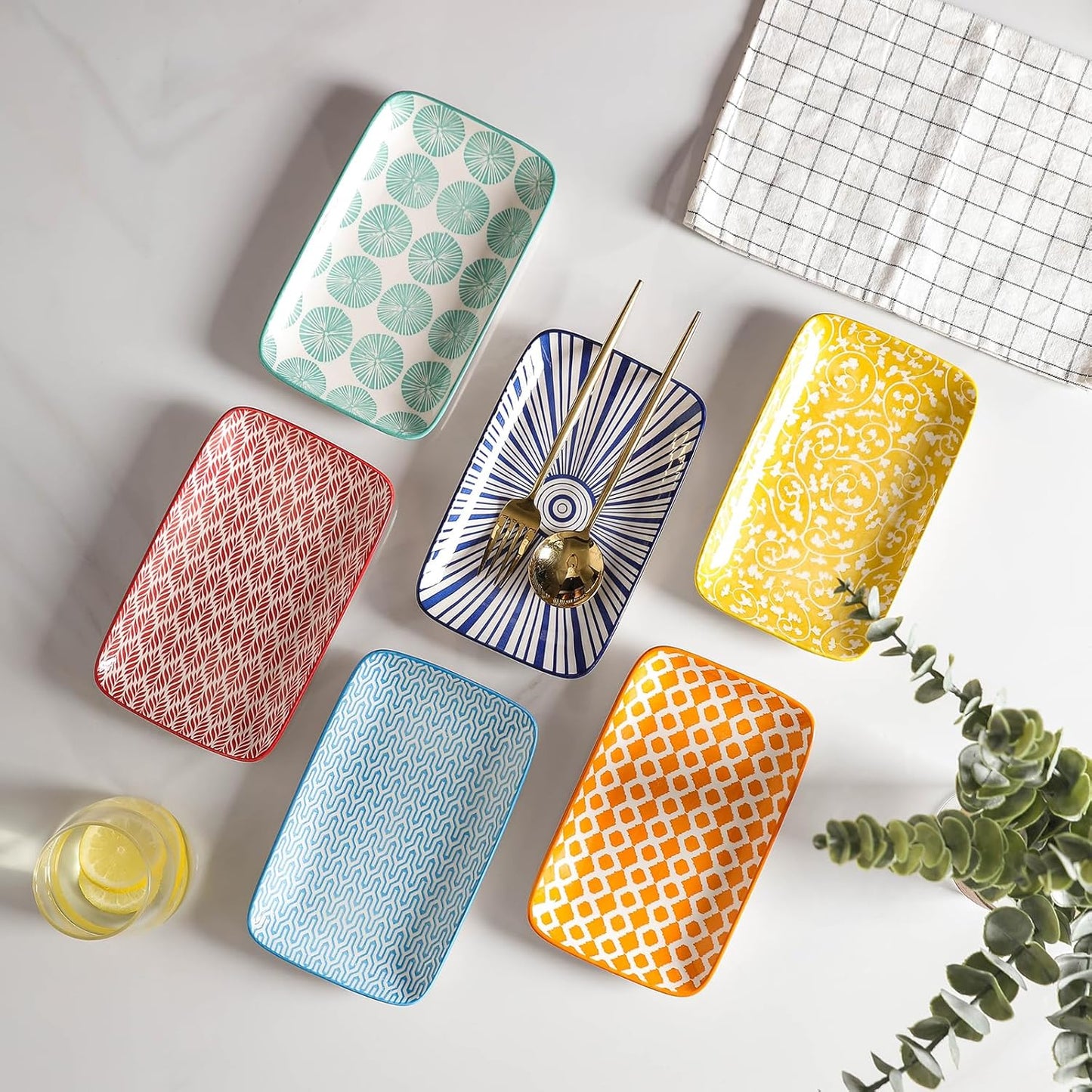 Selamica Ceramic Rectangular Salad Plates Set of 4, Small Serving Plates for Appetizers, Sushi, Fruit, Assorted Colors