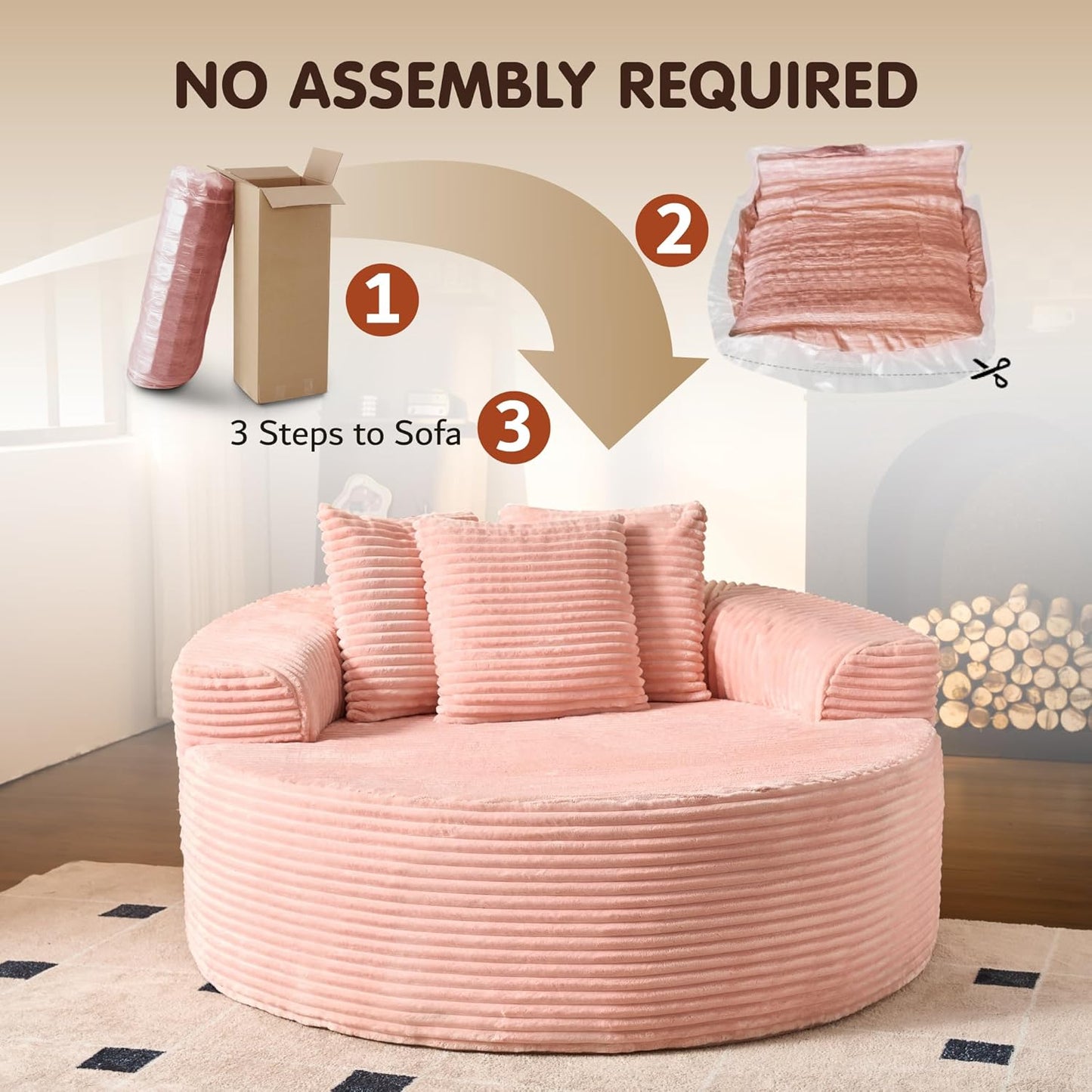 ovios 58" Oversized Round Chair Lounge Chaise Indoor, No Assembly Required, Cloud Large Circle Chair with Plush Fuax Fur, Fluffy Modern Sleeper Sofa Bed for Reading Yoga, Pink (Plush Corduroy Fabric)