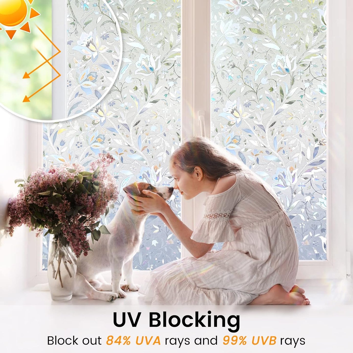 DOWELL Window Privacy Film, 3D Stained Glass Rainbow Films, Decorative Window Vinyl Sun Blocker Door Covering, Static Cling Non-Adhesive Glass Sticker for Home, Blooming Flowers, 35.4"x78.5"