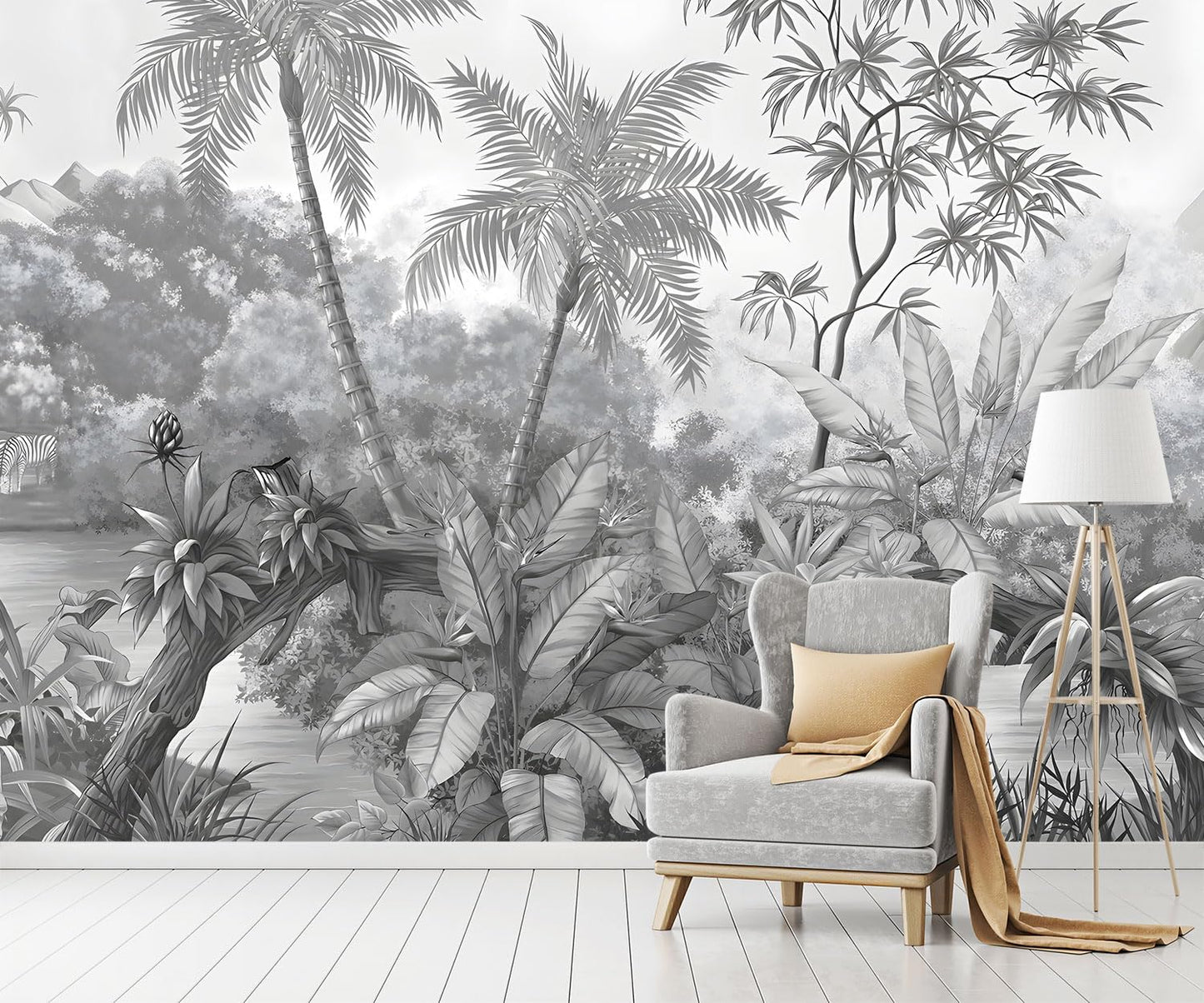 -Grey Rainforest Leaves Fabric Wallpaper Bedroom XT11 M 140" x 91"