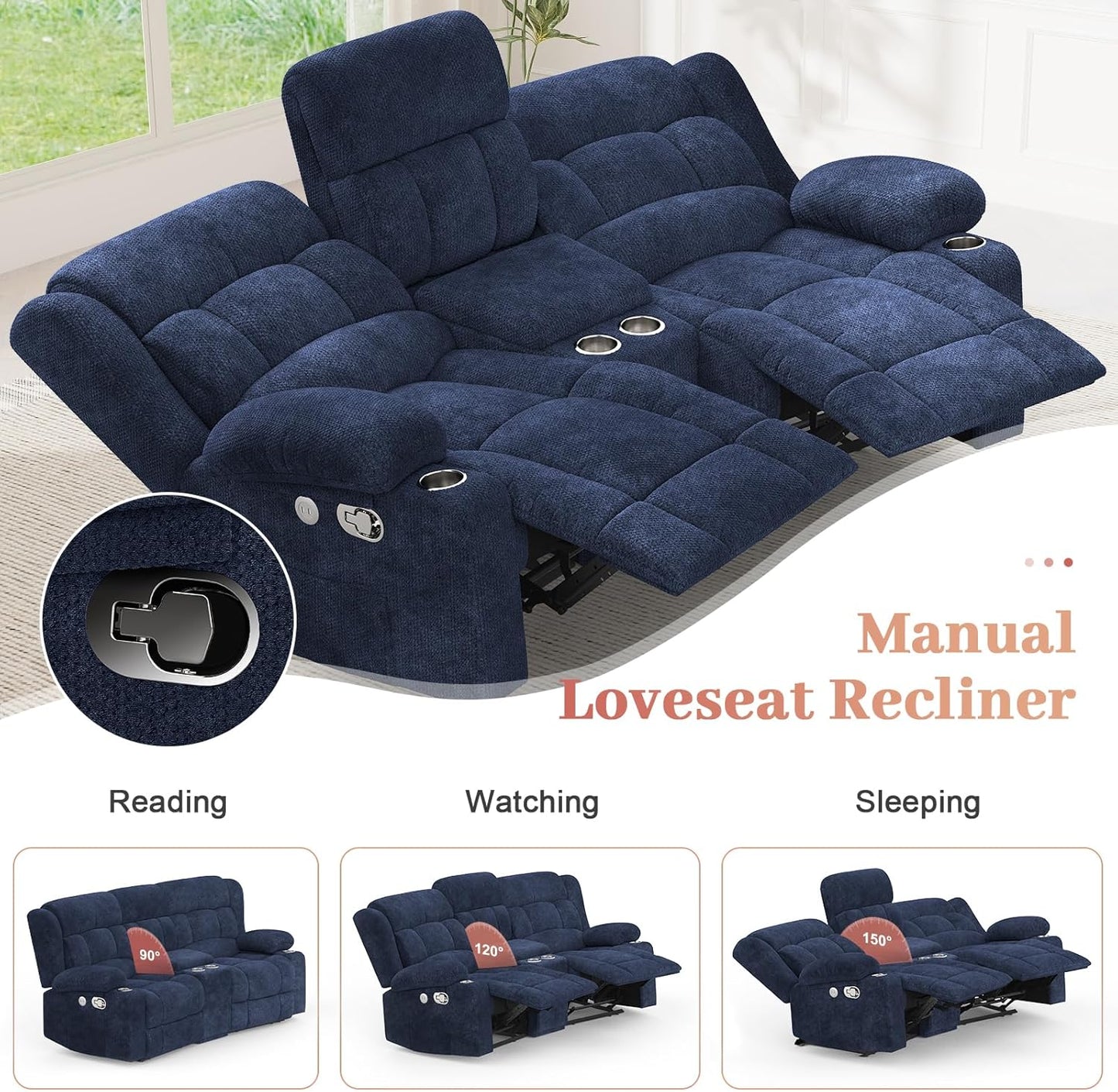 Recliner Sofa Set with 2+1 Pieces, Fabric Manual Pull Tab Reclining Loveseat with Storage Console, Single Recliner Chair for Living Room, RV, Blue