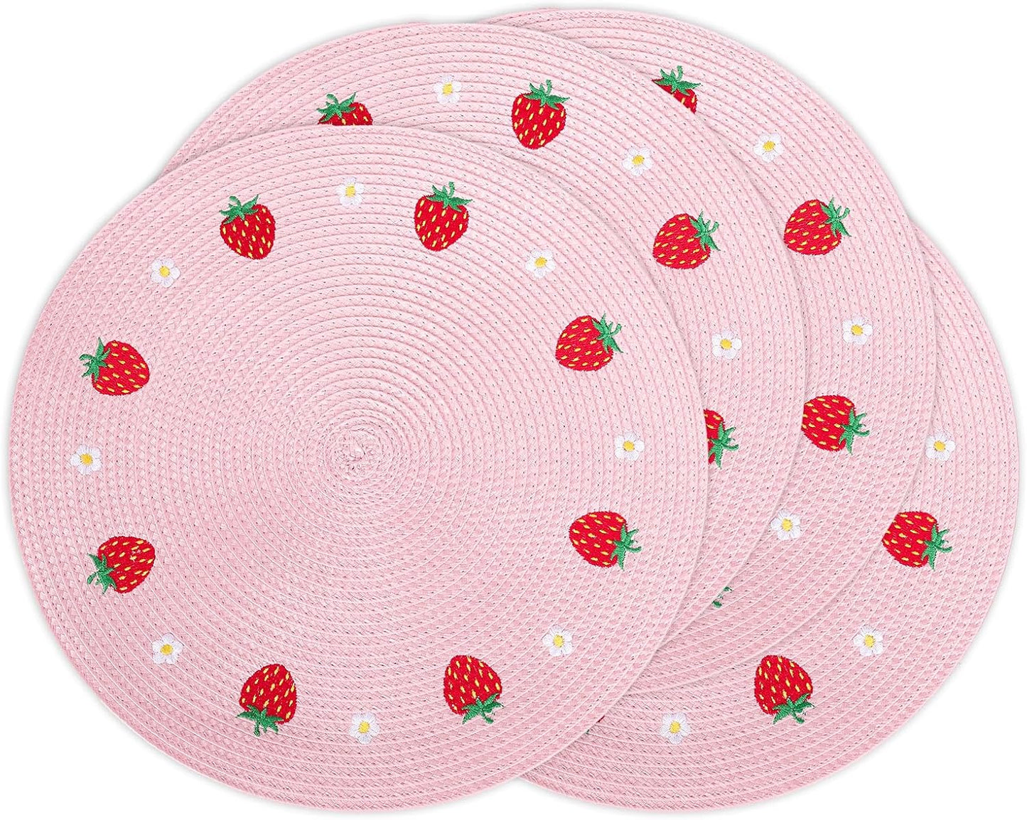 Whaline 4Pcs Round Placemats Daisy Strawberry Embroidered Place Mats Summer Strawberry Dinner Table Mats for Home Wedding Baby Shower Birthday Party Decor
