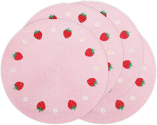 Whaline 4Pcs Round Placemats Daisy Strawberry Embroidered Place Mats Summer Strawberry Dinner Table Mats for Home Wedding Baby Shower Birthday Party Decor