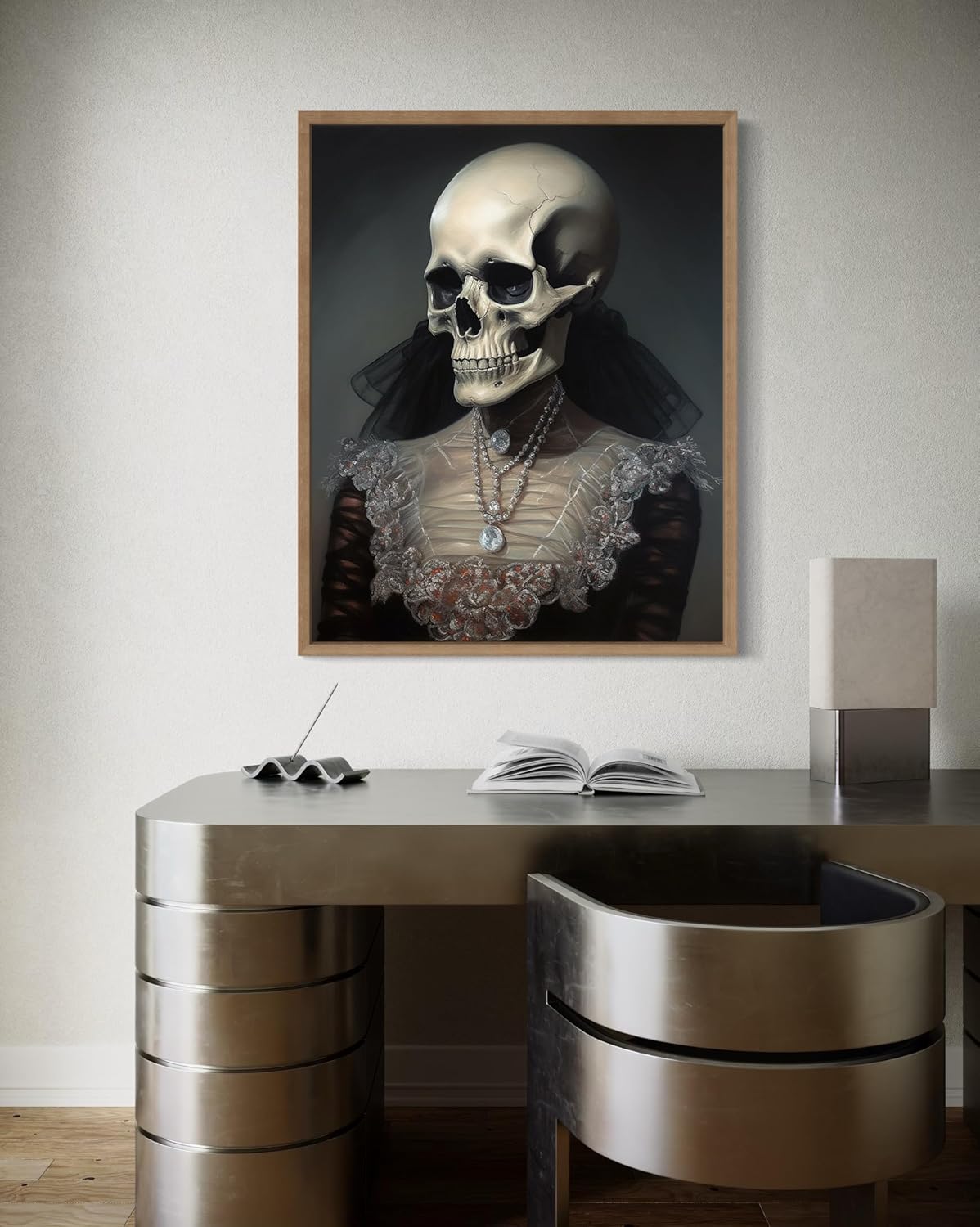 Female Skull Poster Art Print, Halloween Scary Vintage Wall Art Academia Spooky Painting Decoration for Horror Prints, Gothic Posters Bedroom Decor 89 (Female Skull, 11 x 14 inches, Wood Frame)