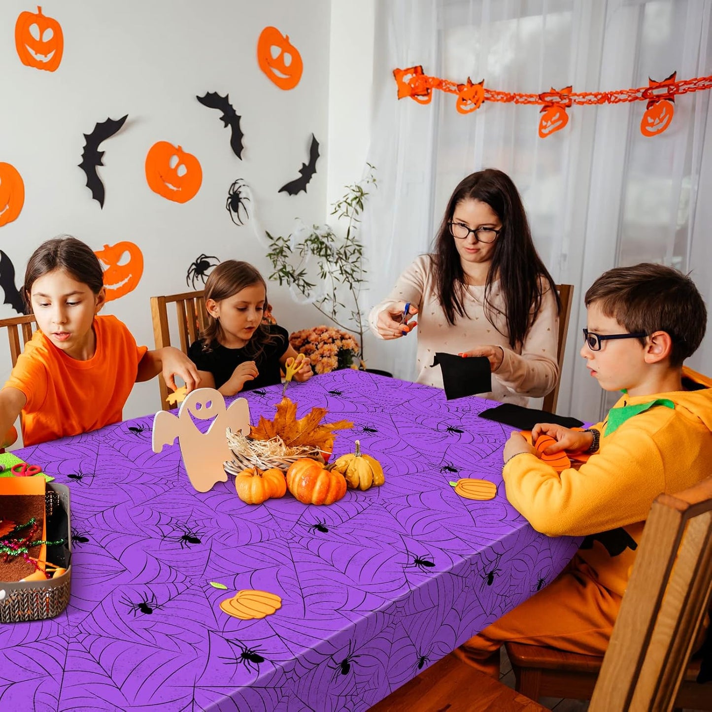 TREWAVE 3 Pack Halloween Spiderweb Tablecloth Rectangular Plastic Spider Web Table Cloth Large Size Table Covers for Home Decor Halloween Party Decorations 54" x 108" (Purple)