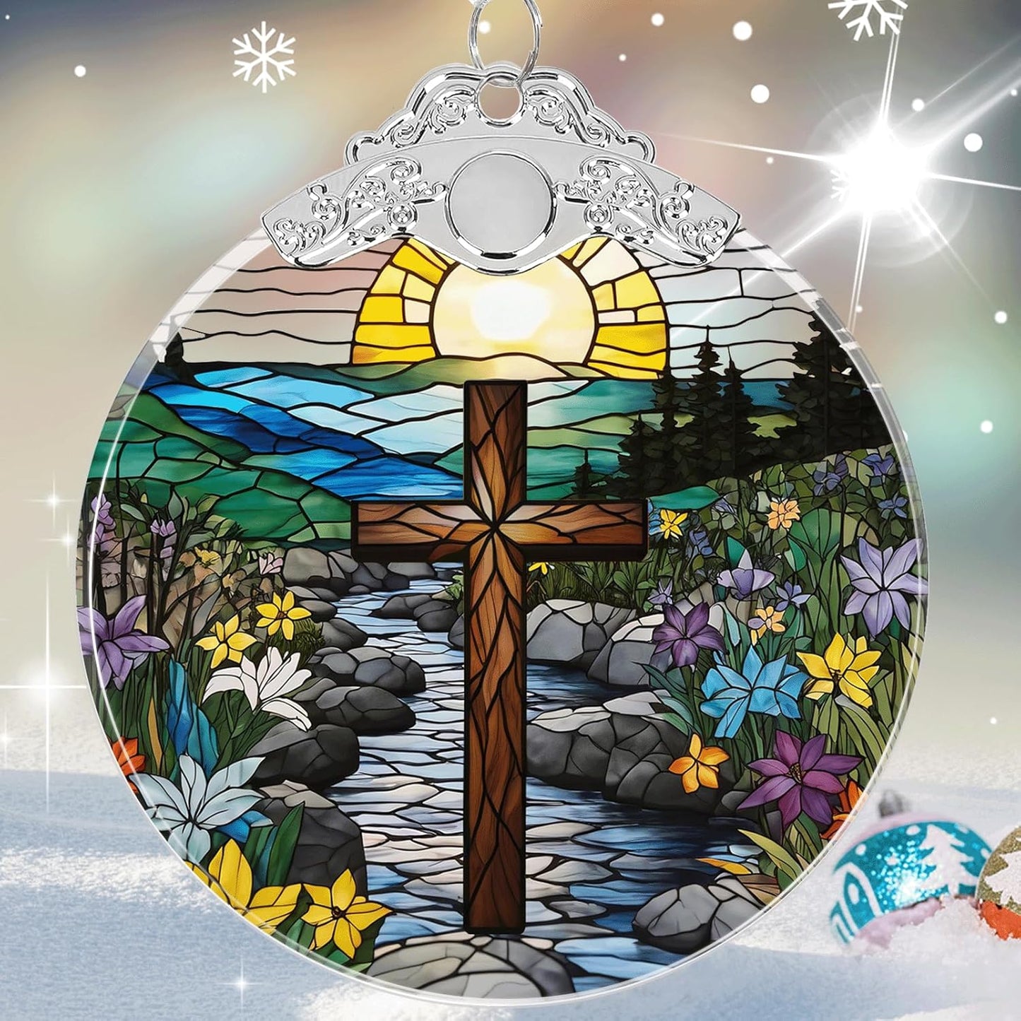 Cross Stained Glass Religious Christmas Ornament, Hanging Ornaments for Christmas Tree Decorations, Christian Gifts Holiday Keepsake Present Exchange Idea