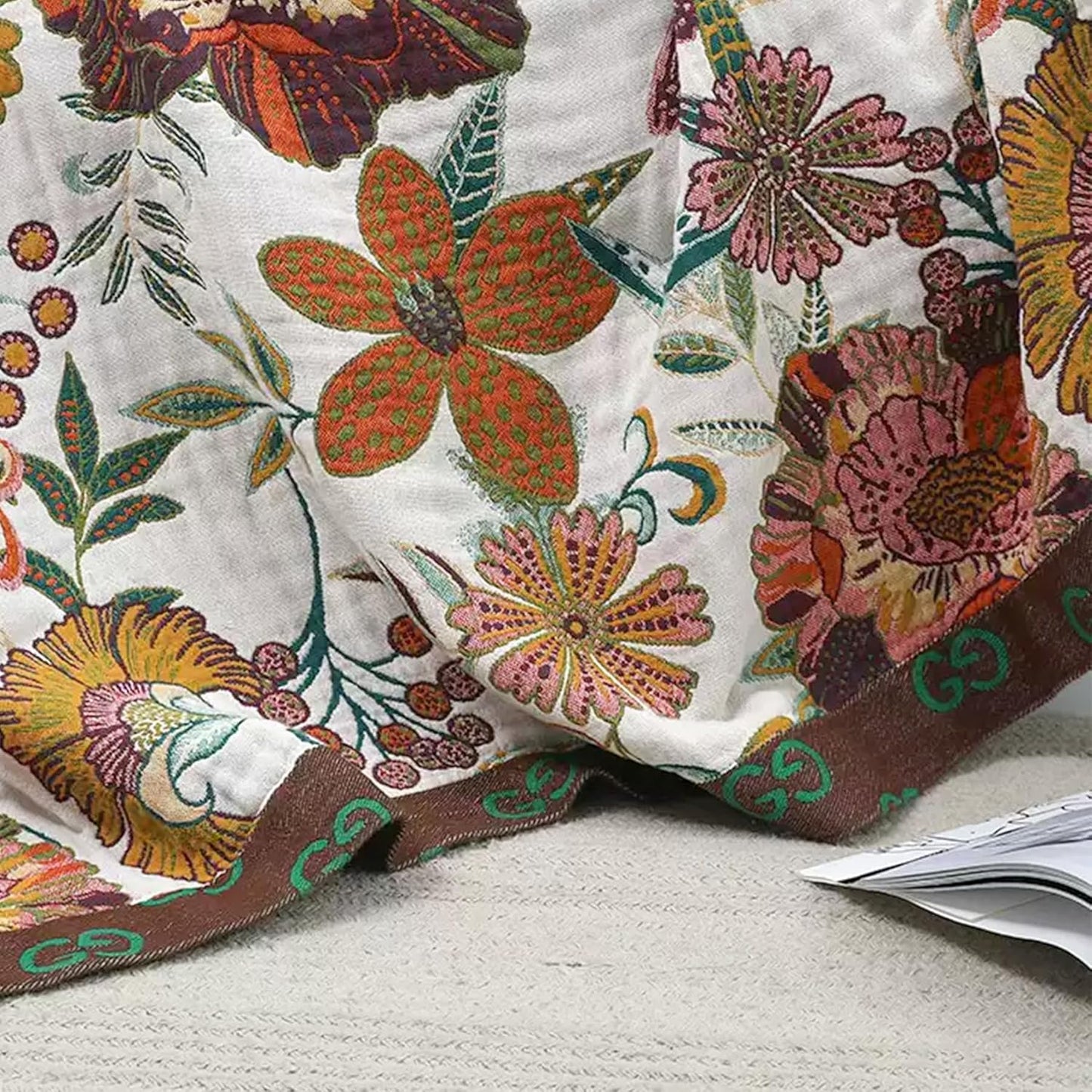 Boho Throw Blanket for Couch Sofa Bed, 100% Cotton Woven Quilt with Tassel 60”x80”, Super Soft Muslin Blanket with Floral Printed, Decorative Reversible Bed Blanket/Cover for All Seasons