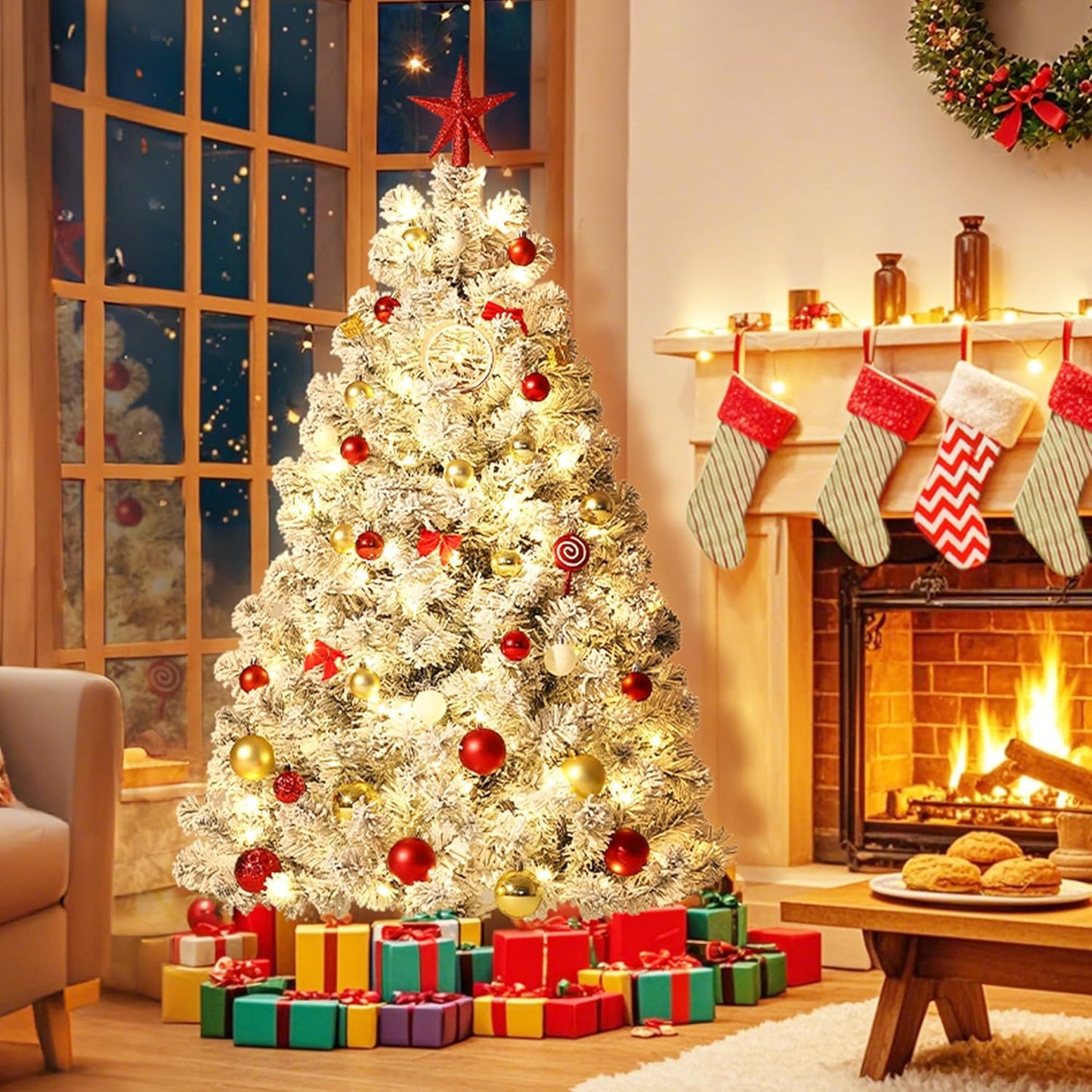 GarveeHome 6ft Prelit Artificial Christmas Tree with Warm White Lights, Snow Flocked Full Xmas Tree with 710 Branch Tips, 250 LED Lights & Foldable Stand, Green & White Christmas Decorations