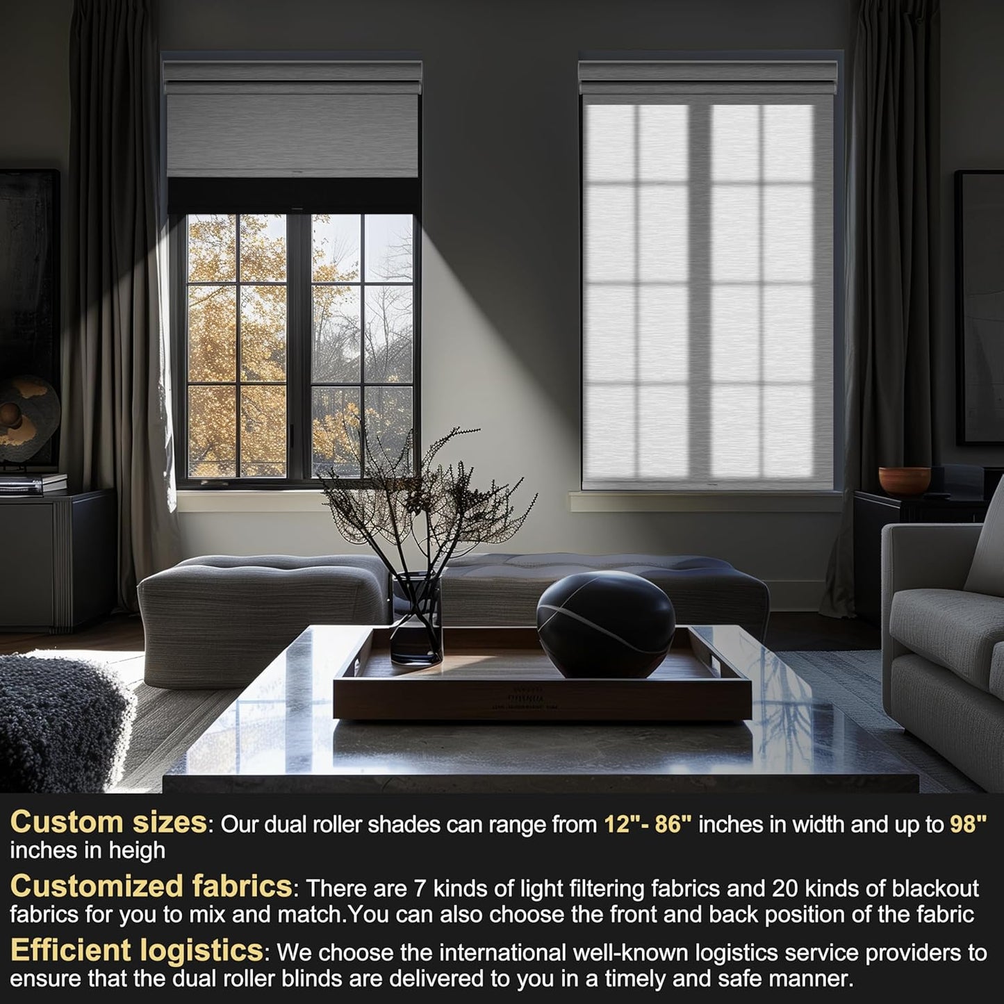 BERISSA Cordless Dual Roller Shades with Cassette Valance,Double Window Shades Blackout and Light Filtering Shades,Day and Night Roller Shades for Home Office Door.Linen Black and White.35 W x 72" H