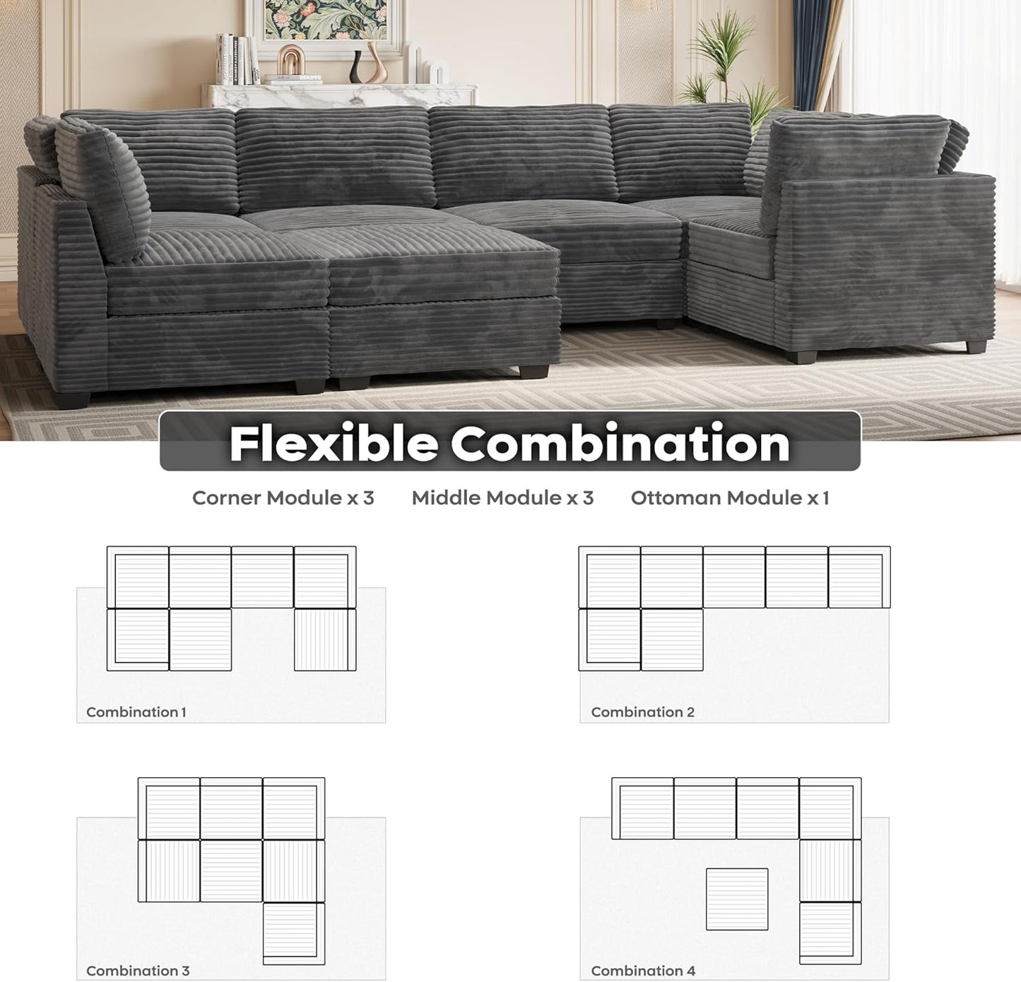 ovios Sectional Sofa Couch with U-Shape Chaise Sofa Bed, Comfy Modular Cloud Couches with Deep Seat, Modern Upholstered Plush Corduroy Sofas Set for Living Room, 7-Seater, Grey