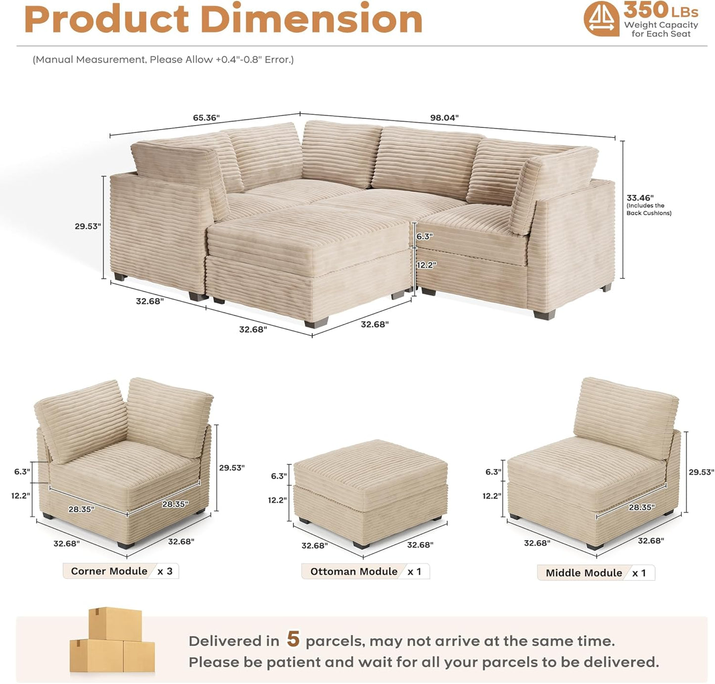 ovios Sectional Sofa Couch with L-Shape Chaise Sofa Bed, Comfy Modular Cloud Couches with Deep Seat, Modern Upholstered Plush Corduroy Sofas Set for Living Room, 5-Seater, Beige