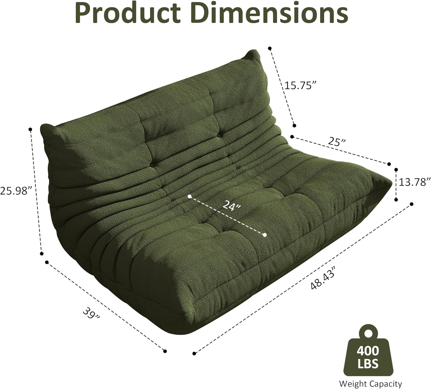 Bean Bag Chair, Oversized Loveseat Fireside Chair for Adults, 2 Seater with Memory Foam Filled, Lazy Sofa Lounge Floor Sofa for Living Room, Bedroom, Office, No Assembly Required. (Green)
