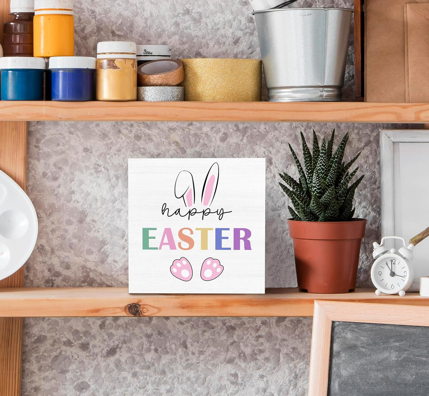 SRADMO Happy Easter Sign, Cute Bunny's Ear Easter Wood Box Sign Desk Decor, Easter Bunny Decorations, Easter Theme Wooden Block Box Sign Decoration for Home Office Shelf Table Decor