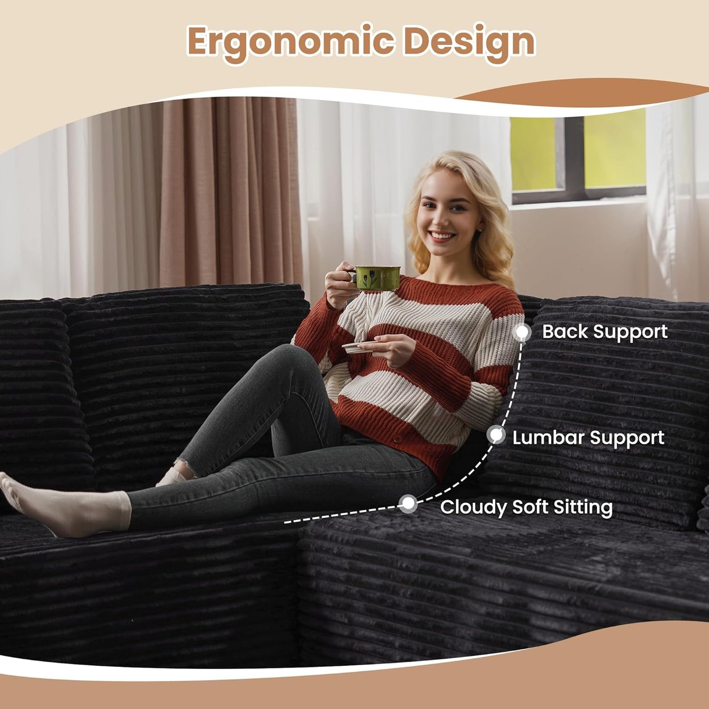 HOOOWOOO Cloud Sectional Couches for Living Room,Modular Sectional Sofa No Assembly,133X108 Inch Plush Corduroy Large U Shaped Floor Couch Set with Deep Seat Left Chaise(Black)