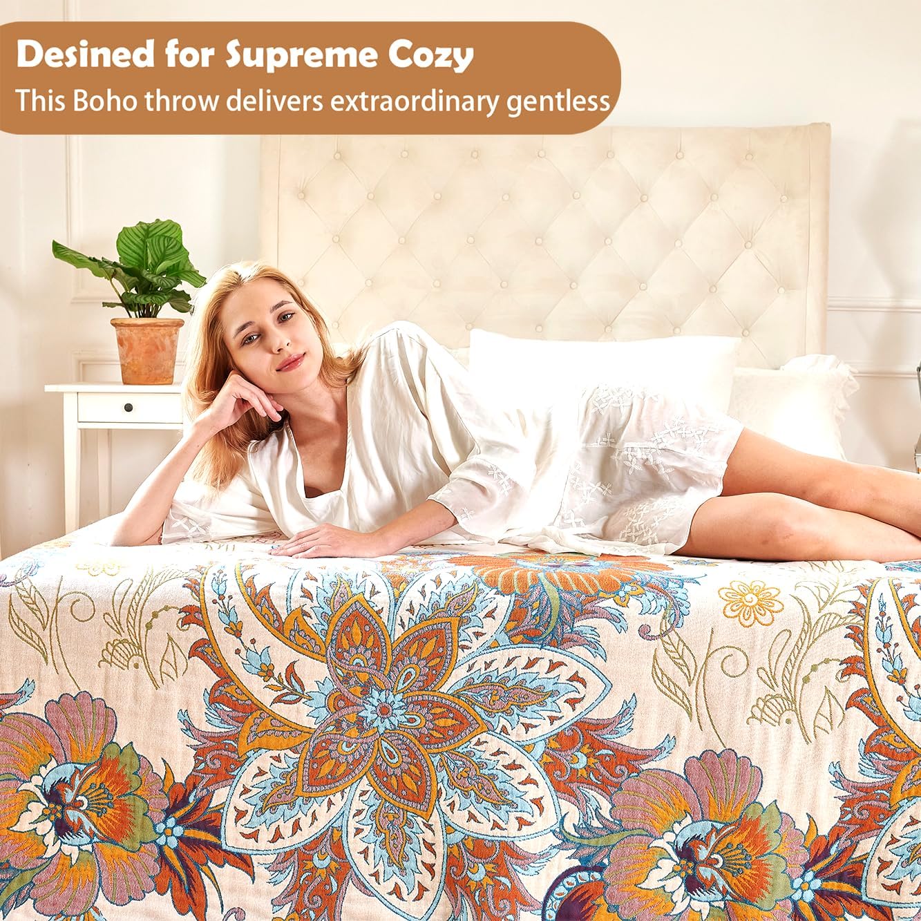 Boho Throw Blanket, 100% Organic Cotton Breathable Ultra Soft Bed Quilt Throw - All Season Floral Bird Butterfly Farmhouse Decor Blanket for Sofa Couch Chair and Gift. 60" x 80"