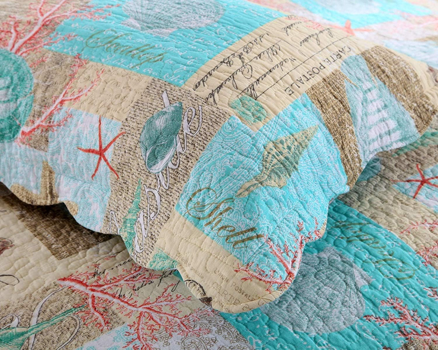 YAYIDAY Quilts Queen Size Bedspread Set - 100% Cotton Reversible Breathable Star Fish Coral Shell Style Quilted Quilt with Pillow Shams for All Seasons