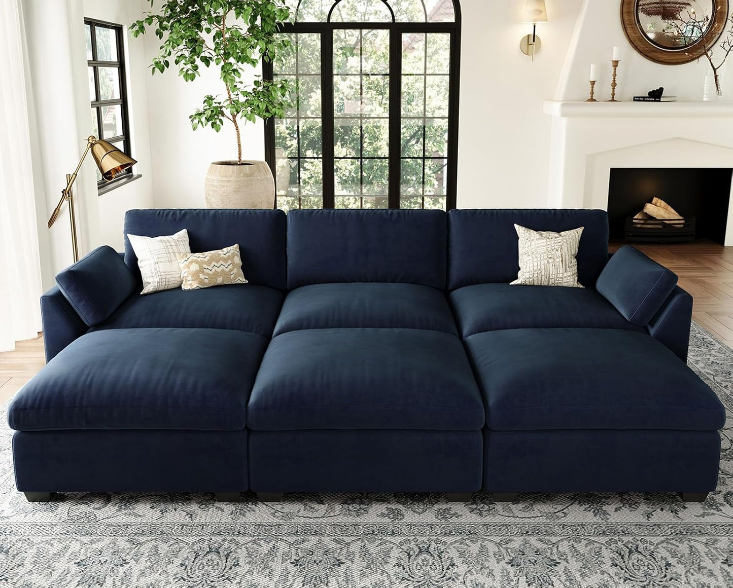 Belffin Sectional Couches for Living Room,106.3" 6-Seater Sleeper Sofa Bed,Extra Deep Seat Velvet Cloud Couch with Ottoman,Modular Sectional Sofa with Washable Covers,Blue