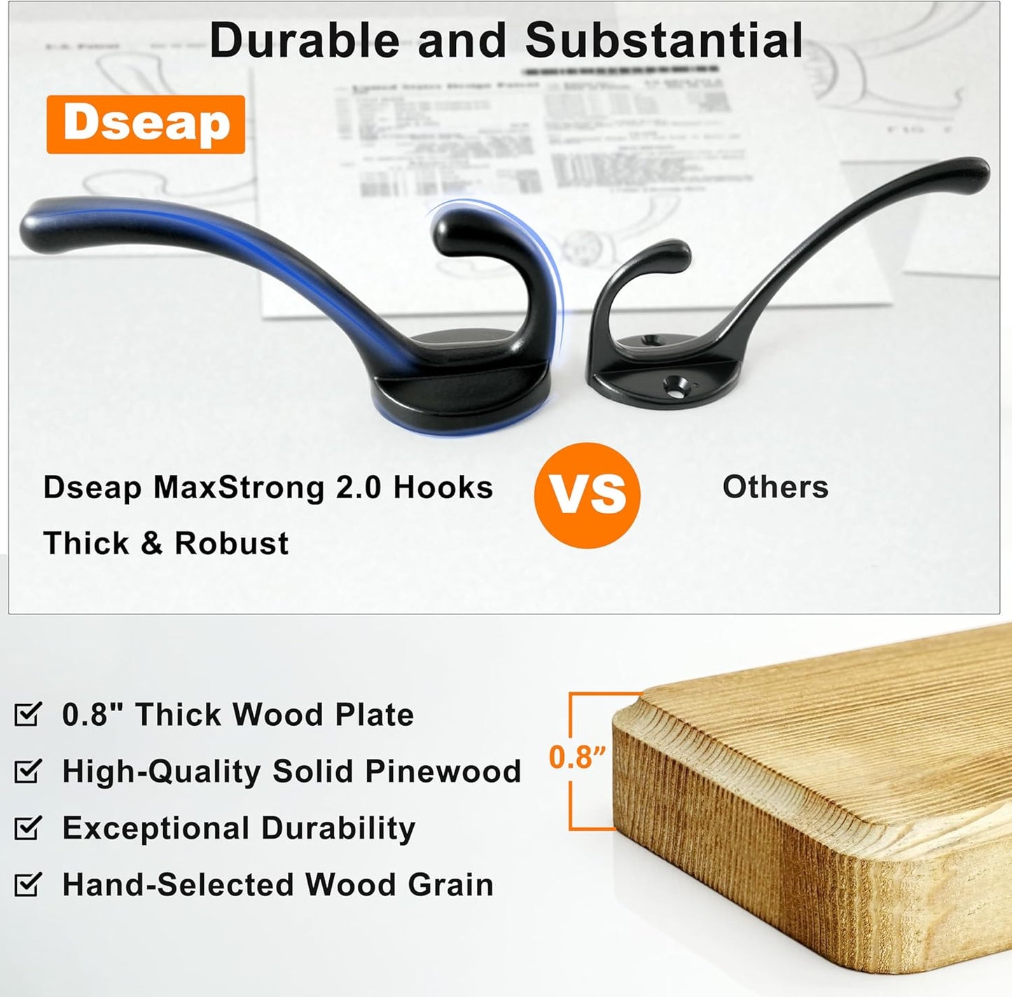 Dseap Coat Rack Wall: 38-1/4" Long, Patented, Heavy-Duty, 10-Double-Hooks Wooden Wall Mounted Coat Rack Coat Hanger Hook Rail for Winter Coats Hat Jacket Clothing, Light Brown, Pack of 2