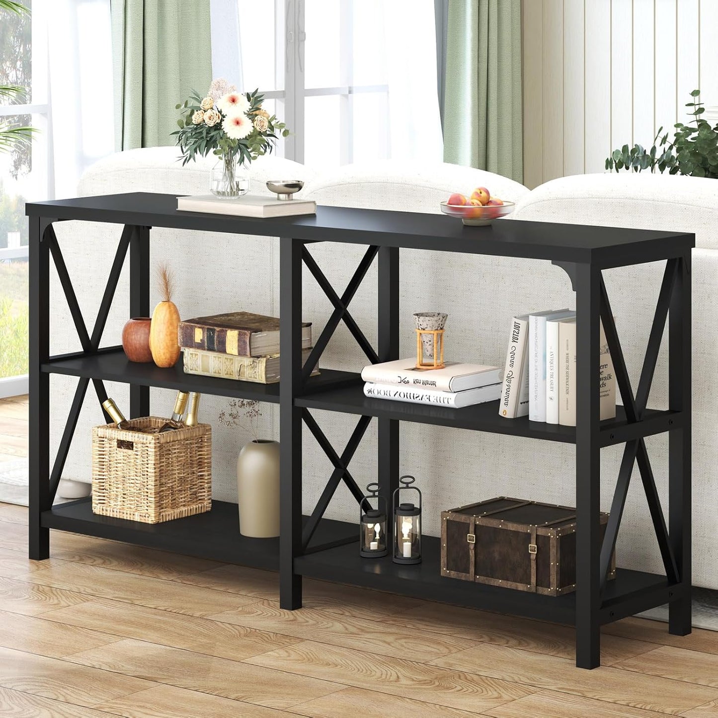 LVB Black Console Table, Modern Entryway Table with 3 Tier Storage Shelves, Industrial Sofa Table Behind Couch for Living Room, Farmhouse Wood Metal Entry Table for Hallway Foyer, Black Oak, 55 Inch