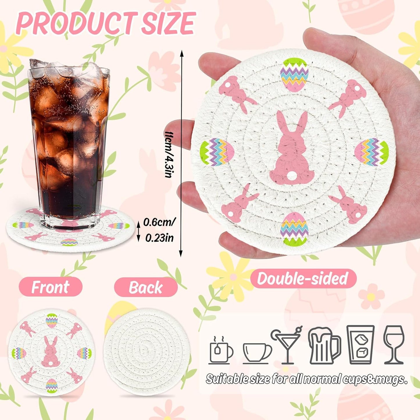 Whaline 4Pcs Easter Bunny Rabbit Egg Cotton Coasters - Handmade Braided Drink Coasters - Pink & White - Absorbent Round Tabletop Protection