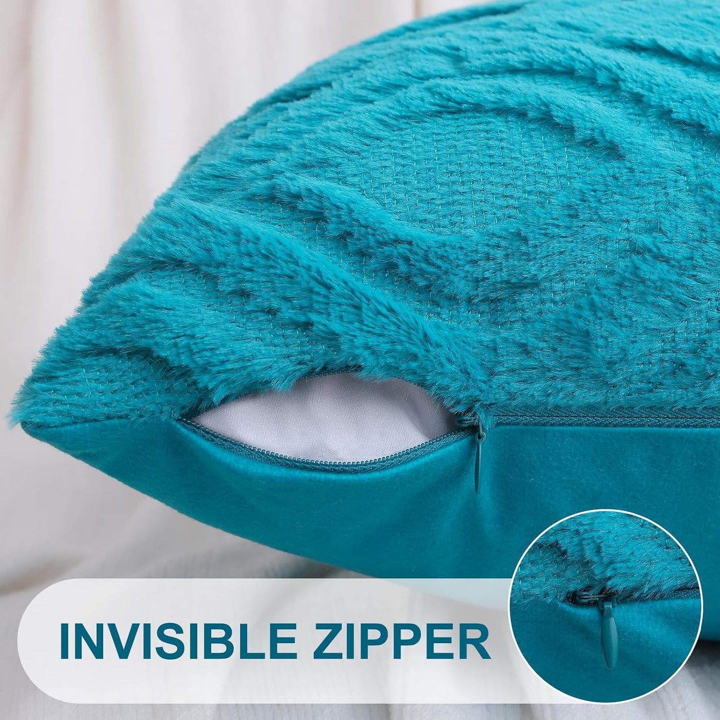 decorUhome Fall Throw Pillow Covers 16x16 Inch Set of 2, Soft Plush Decorative Faux Fur Teal Solid Couch Pillow Covers, Accent Farmhouse Neutral Square Euro Pillow Cases for Sofa Bed Living Room