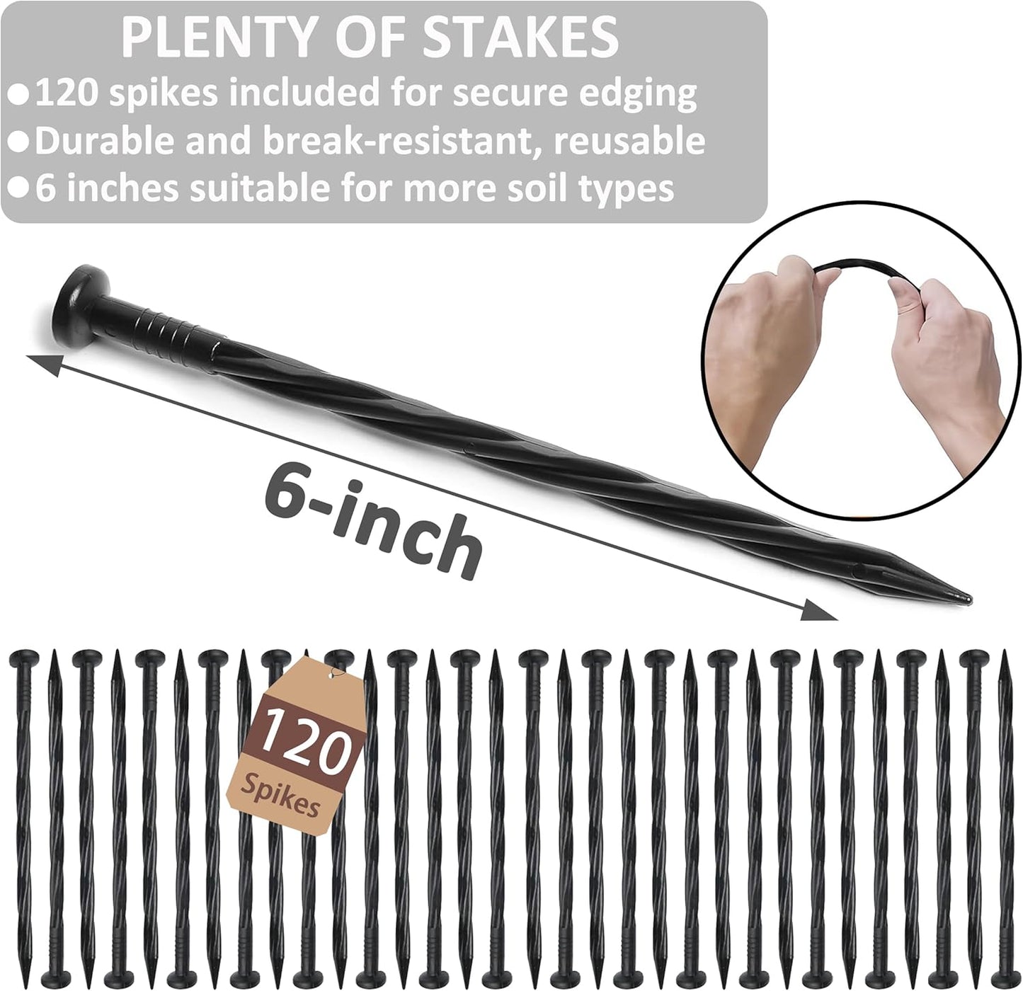 4 inch Tall Landscape Edging Kit 60FT Garden Edging with 120 Spikes for Lawn Edging and Flower Beds (Black, 60FT)