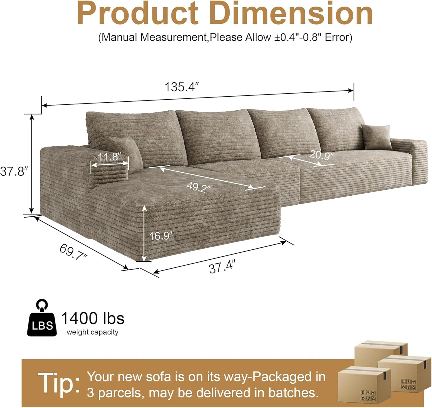 136" Sectional Couches for Living Room Modern Modular Sofa with L-Shape Couchs Upholstered Boneless Couch Deep Seat Sectional Couch with Chaise (Camel, Left Facing Chaise+3Seaters)