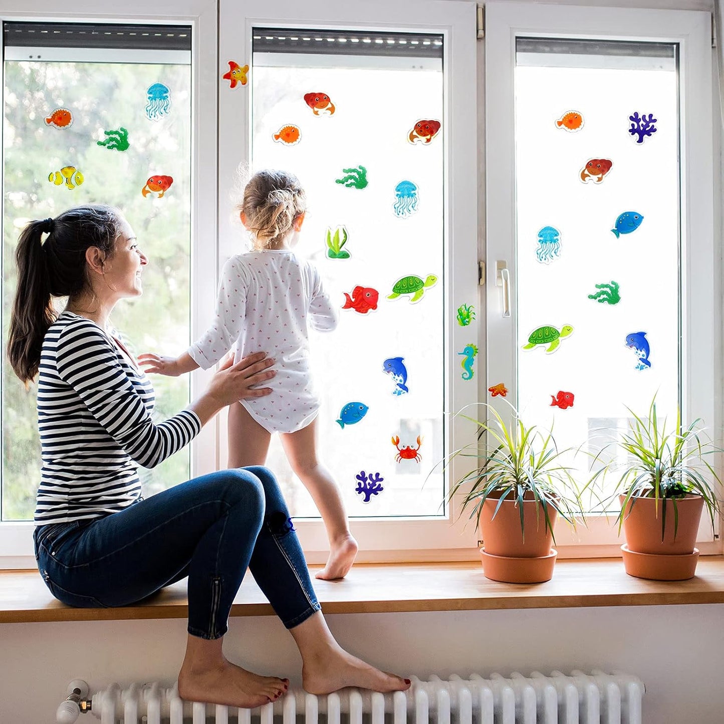 Tevxj Sea Animals 40pcs Thick Gel Clings, Multicolor Vinyl Decals for Kids, Reusable Window Stickers, Ocean Themed Party Supplies for Home, Car, Classroom, Nursery Decorations