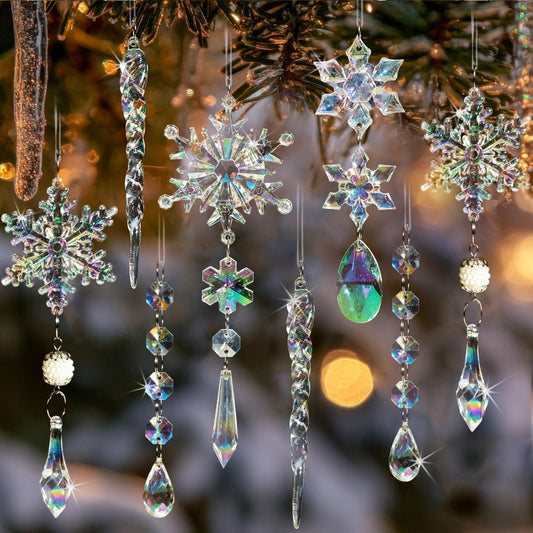 32pcs Christmas Decoration Crystal Ornaments - Iridescent Christmas Tree Ornaments Acrylic Snowflakes Drop Icicle Pendants Hanging Ornaments for Xmas Tree Winter Holiday Frozen Party Decorations