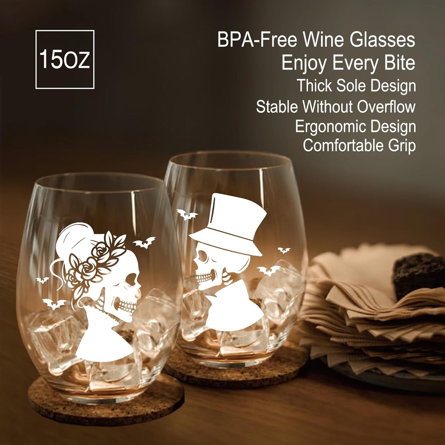 Perfectinsoy Skull Wine Glass 2 Piece with Gift Box, Zombie Design, Valentine's Day Autumn Halloween, Anniversary Wedding Gifts, Couple Gifts for Boyfriend and Girlfriend. (Skull Set of 2 A)