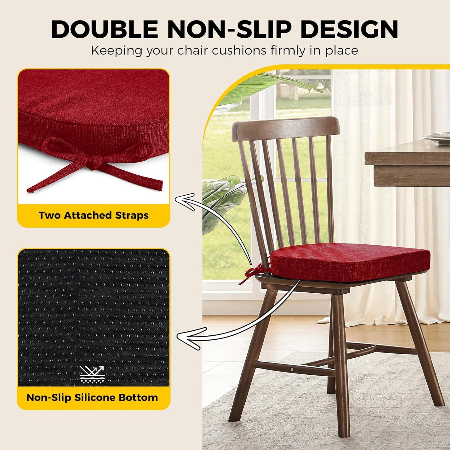 downluxe Indoor Chair Cushions for Dining Chairs, Soft and Comfortable Textured Foam Kitchen Chair Pads with Ties and Non-Slip Backing, 16" x 16" x 2", Red, 4 Pack