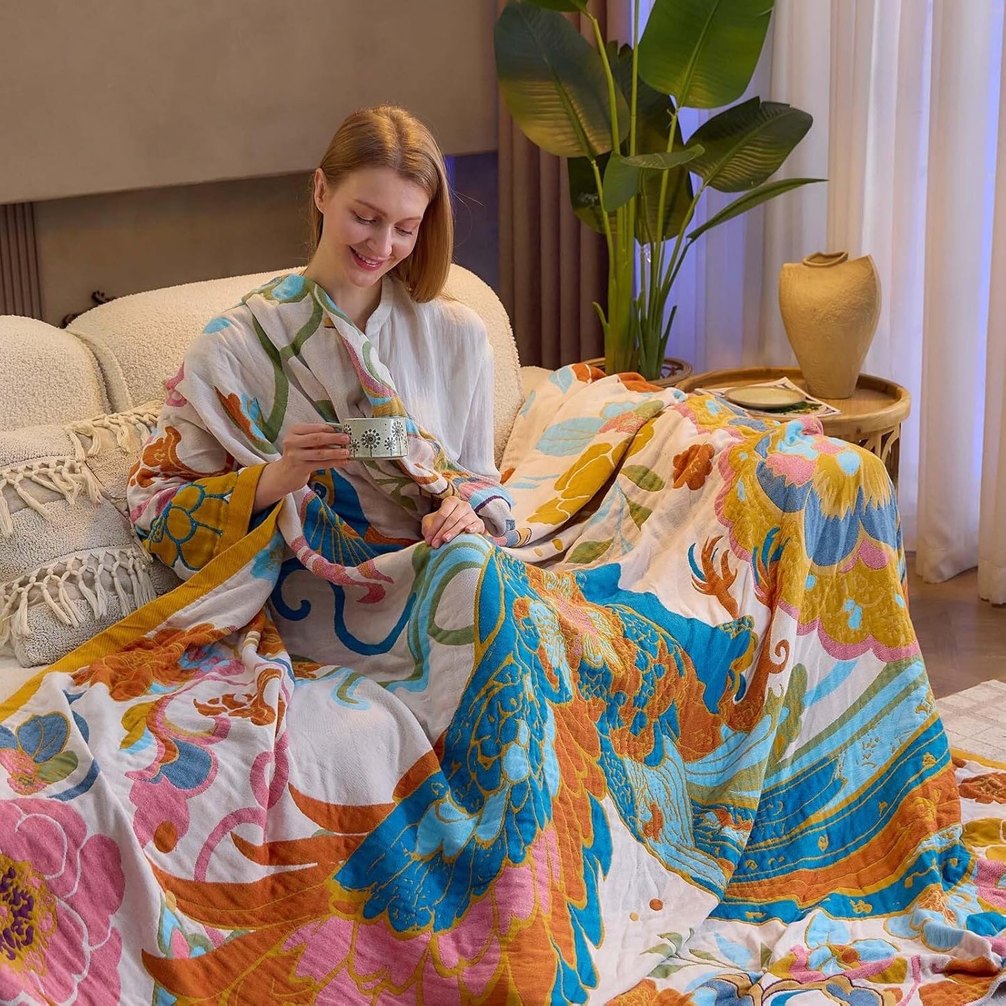 Boho Throw Blanket, Lightweight Blankets for Summer, 100% Cotton Bohemian Decorative Throw Blanket, 60"x80" Reversible Muslin Breathable Woven Farmhouse Blankets Quilt,