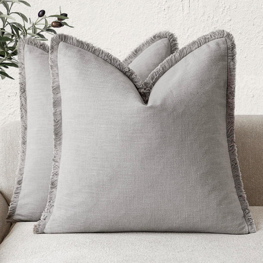 Foindtower Set of 2 Decorative Linen Fringe Throw Pillow Covers Cozy Farmhouse Cushion Cover with Tassels Accent Pillowcase for Couch Chair Sofa Bed Living Room Home Decor,22×22 Inch,Light Rustic Gray
