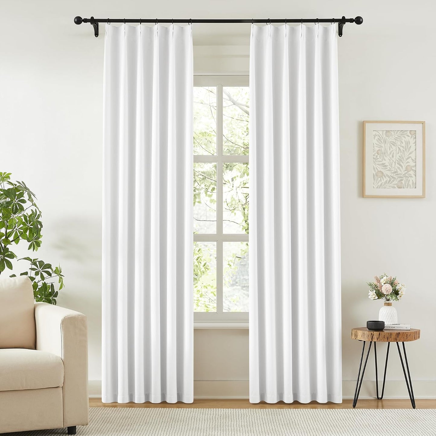 KangBang Pure White 90 Inch Bedroom Curtains-Pinch Pleated Room Darkening Neutral Drapes for Flat/Apartment with Hooks Track System, Solid Memory Shape Curtains & Drapes(40”Wx90”L,2 Panels)