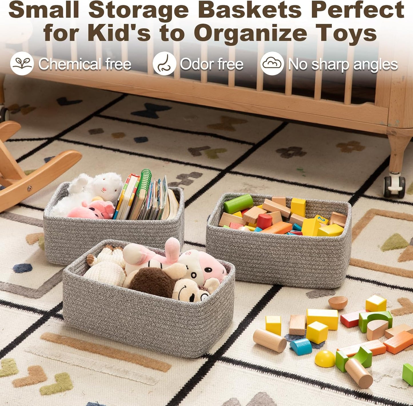 3 Pack Small Storage Baskets for Organizing, Cute Woven Decorative Gift Baskets for Shelves, Mini Closet Organizer Bins with Handles, 11.81''Lx7.87''Wx4.72''H-Grey