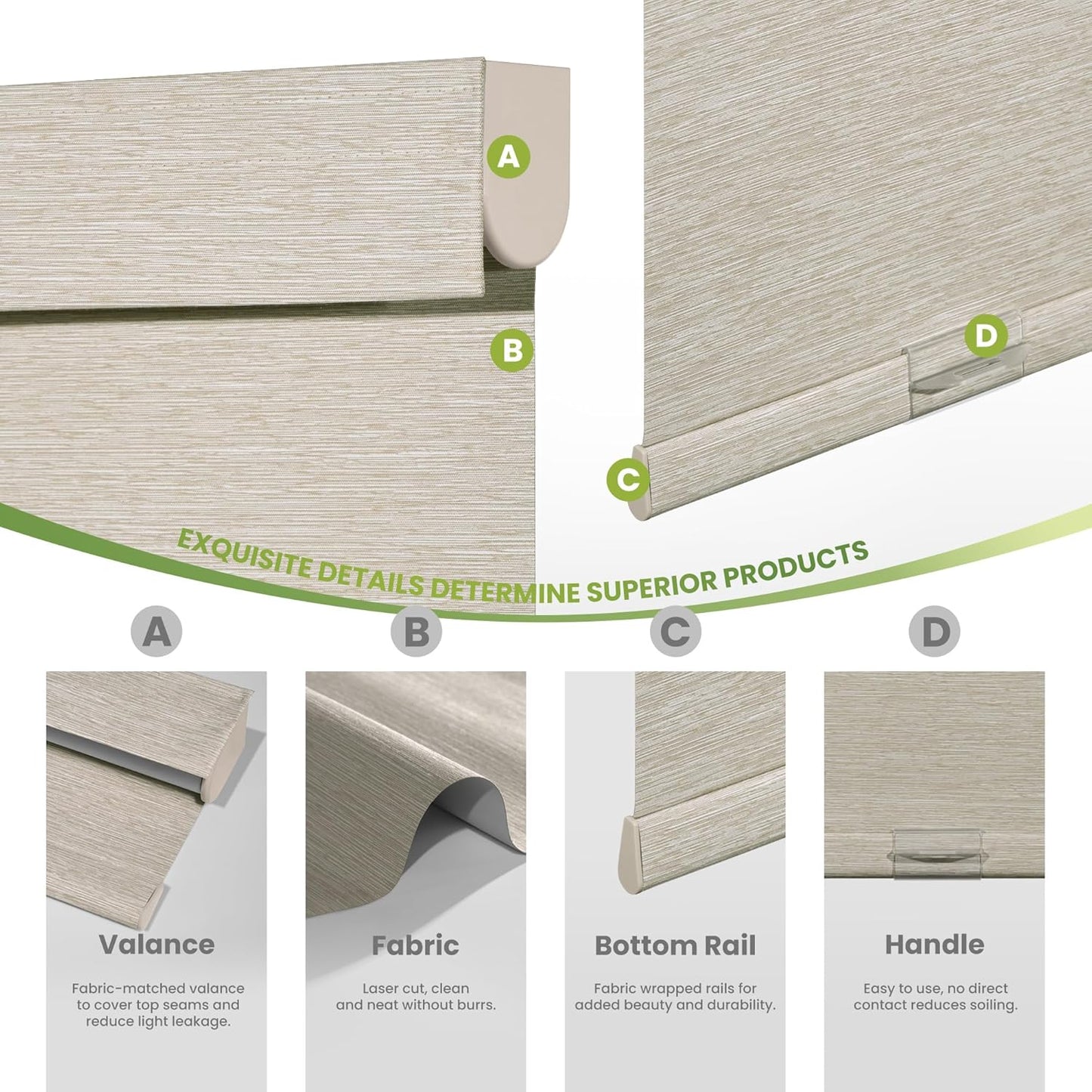 Blackout Roller Shades for Indoor Windows, Cordless Jacquard Fabric-Matched Roller Blinds, Easy to Install Privacy UV Protection Roll Up Blinds for Home Office, Beige, Custom Size