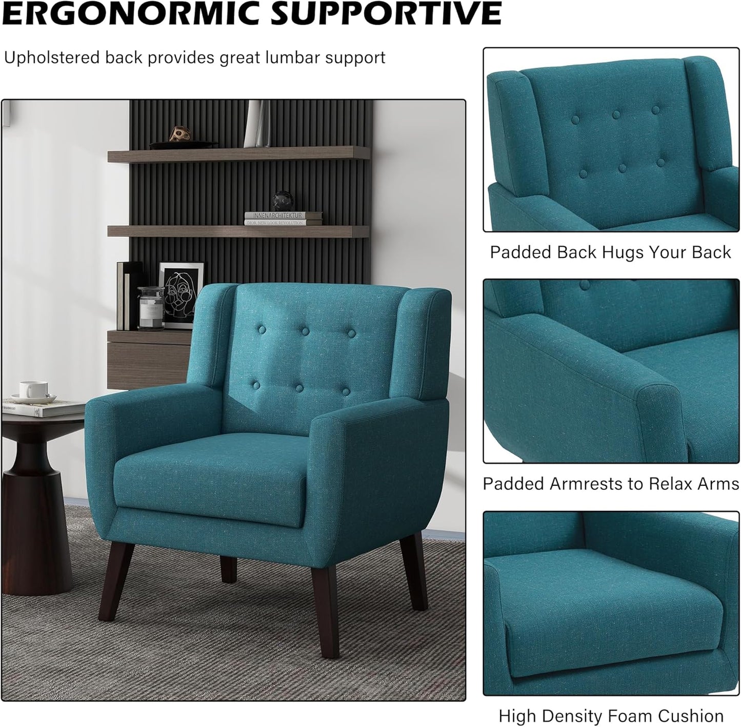 UIXE Accent Chair Modern Arm Chair, Mid Century Upholstered Club Armchair, Comfy Single Lounge Sofa Living Room Button Tufted Armrest Reading Seat Bedroom Side Seating, Turquoise Blue