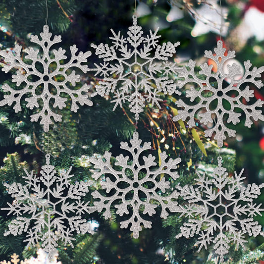 6pcs Large Silver Snowflakes Ornaments 12” Big Plastic Glitter Snowflake for Winter Indoor Outdoor Christmas Tree Window Room Decorations Giant Craft Snowflakes