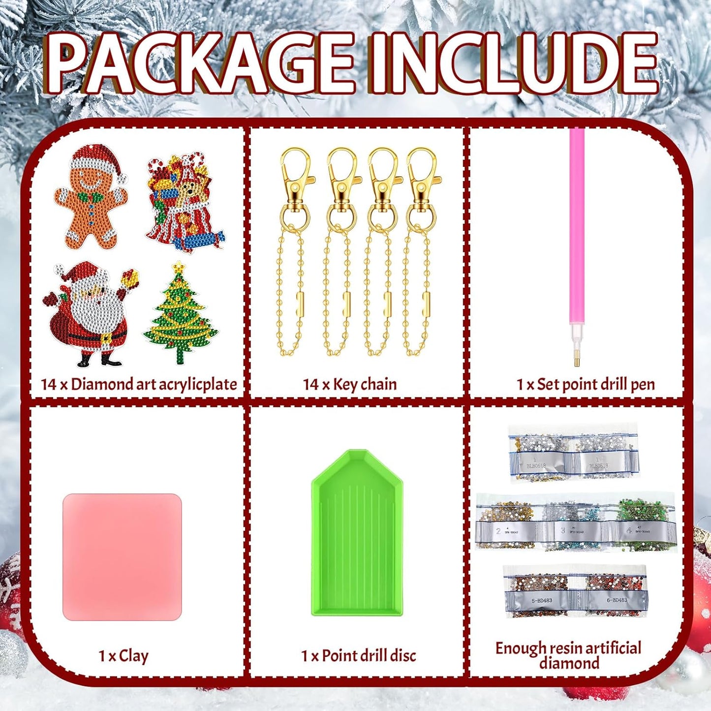 Equsion 14 Pcs Diamond Art Christmas Ornaments Christmas Diamond Painting Keychains Kits 5d DIY Hanging Double Sided Diamond Art Key Ring Painting Key Chain Family Decor Rhinestone Pendant